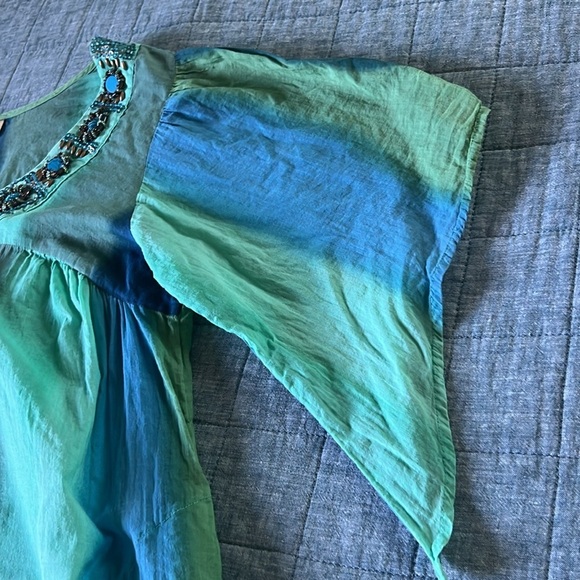 100% Cotton Striped Blue Green Turquoise Bead Detail Beach Swim Cover Dress - Picture 5 of 8